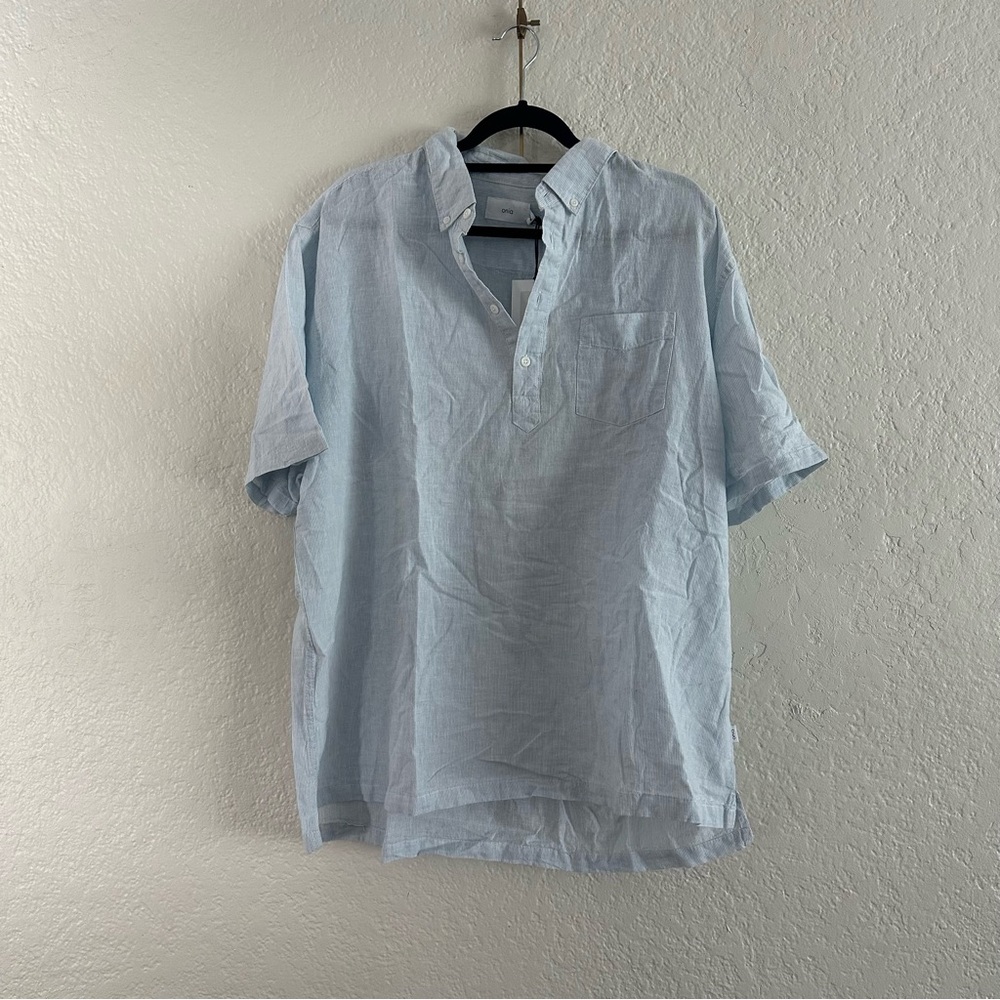 Onia Josh Shirt XXL Light Blue Micro Stripe Safari Sky Linen Blend NWT $125